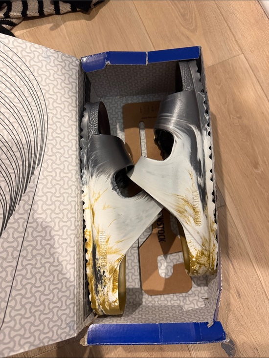 Birkenstock Shoes - Birkenstock Silver, White and Yellow Painted Slide Sandals